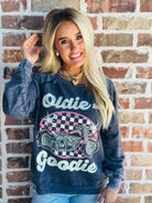 Retro inspired OLDIE BUT GOODIE sweatshirt by Recycled Karma in a worn, washed look, perfect for a stylish vintage outfit.