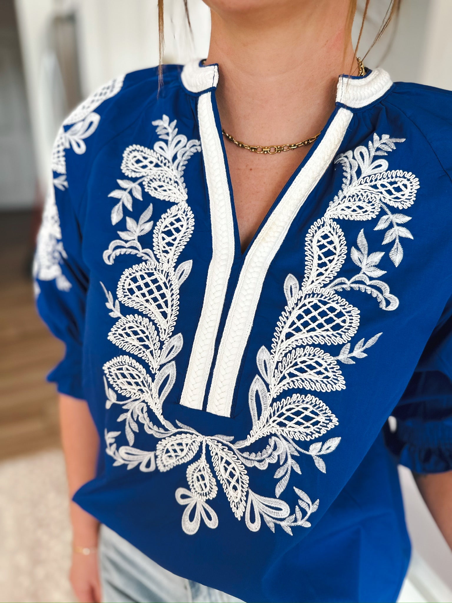 Royal Blue Embroidered Puff Sleeve V Neck Top - Tops