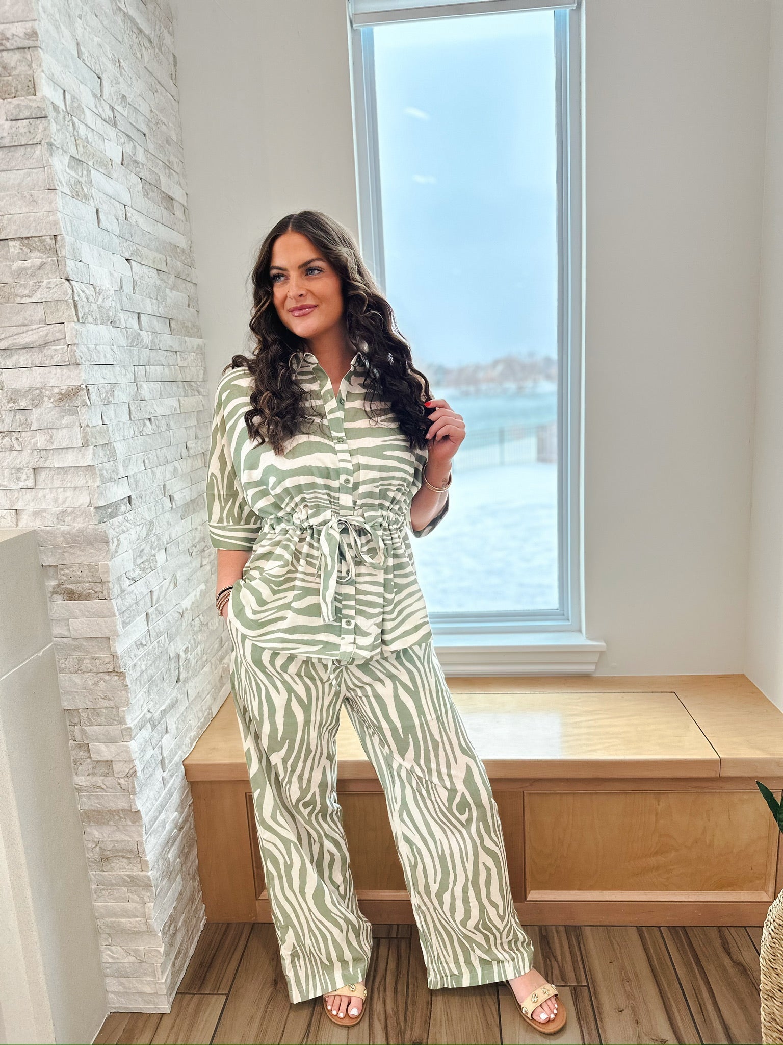 Entro Sage Cream Zebra Print Drawstring Pants - Bottoms