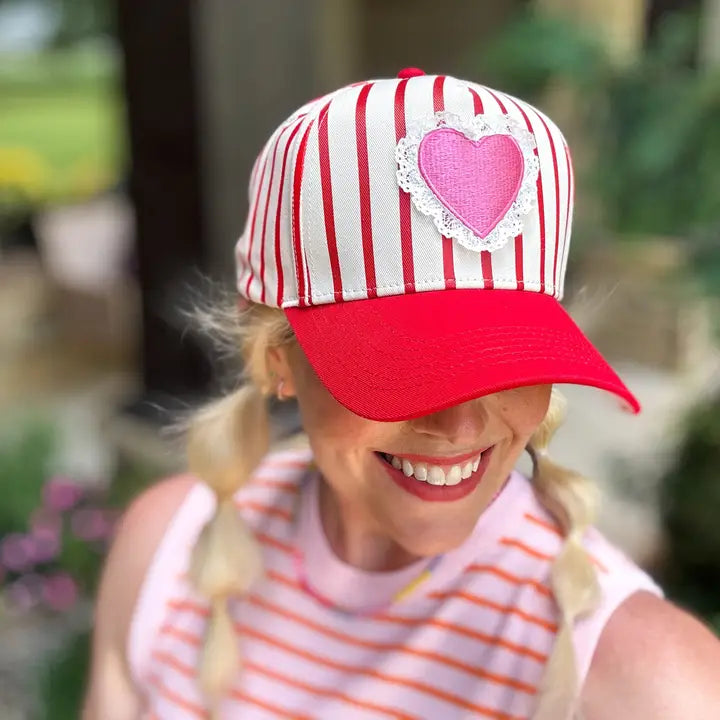 VALENTINE’S BASEBALL CAP W/RED STRIPES AND LACE TRIM- HEART HAT - HAT