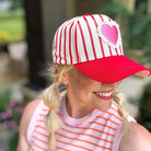 VALENTINE’S BASEBALL CAP W/RED STRIPES AND LACE TRIM- HEART HAT - HAT