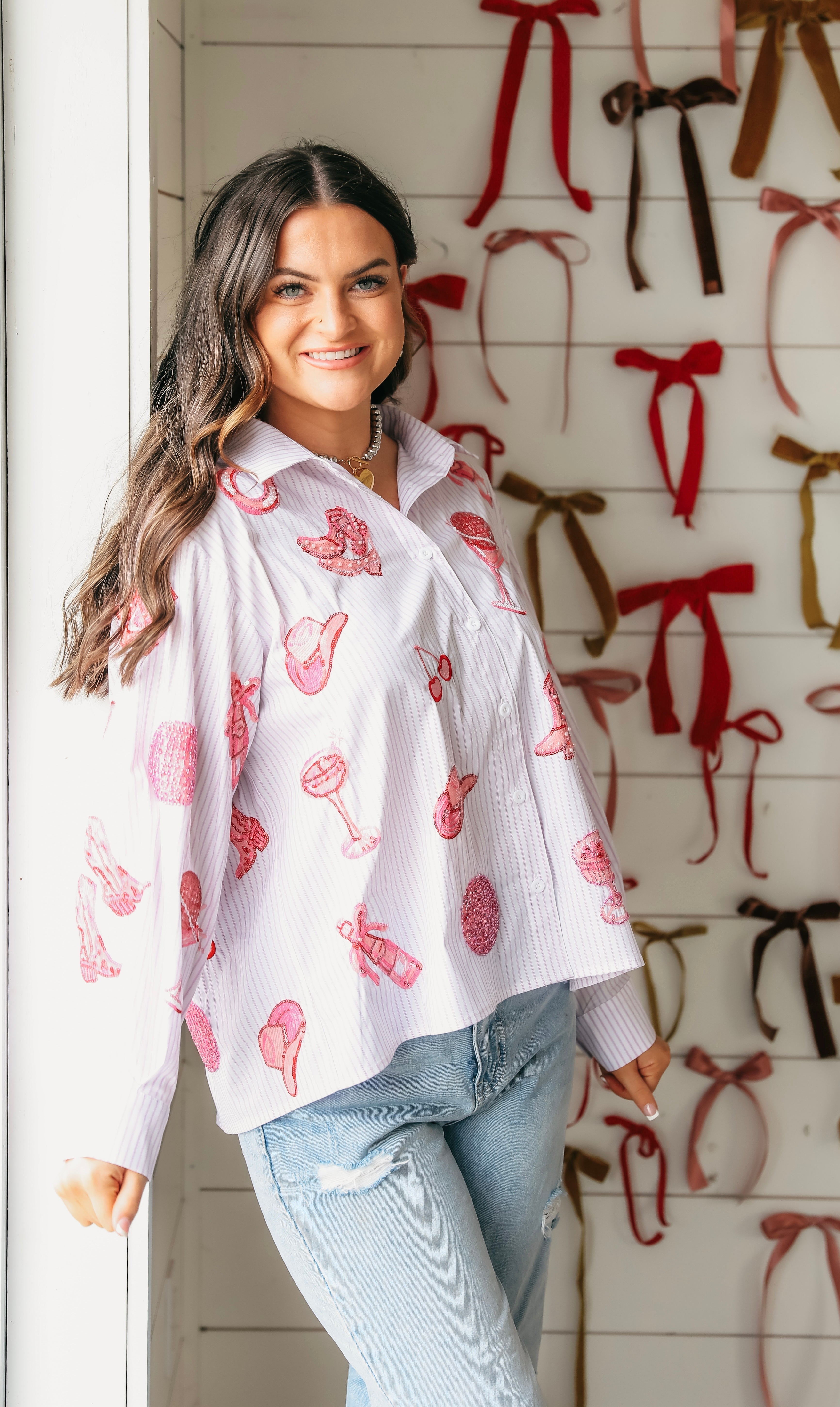 QUEEN OF SPARKLES STRIPED PINK DISCO COWGIRL ICON COLLARED TOP - Tops