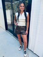 TAUPE AND CREAM COLLAR STRIPED POLO VEST - Tops