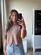 V-NECK SLEEVELESS TAUPE SWEATER VEST TOP - Tops