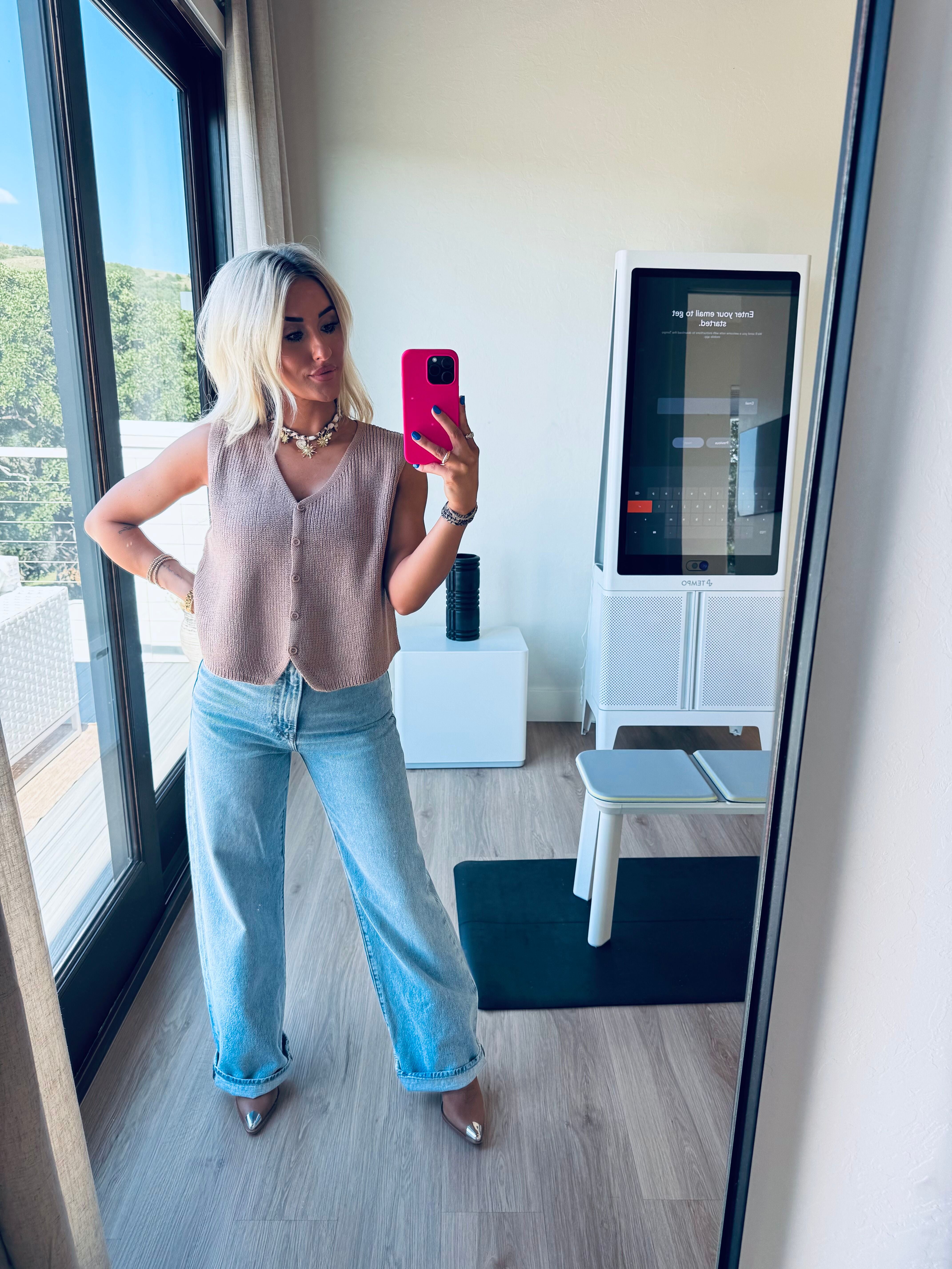 V-NECK SLEEVELESS TAUPE SWEATER VEST TOP - Tops