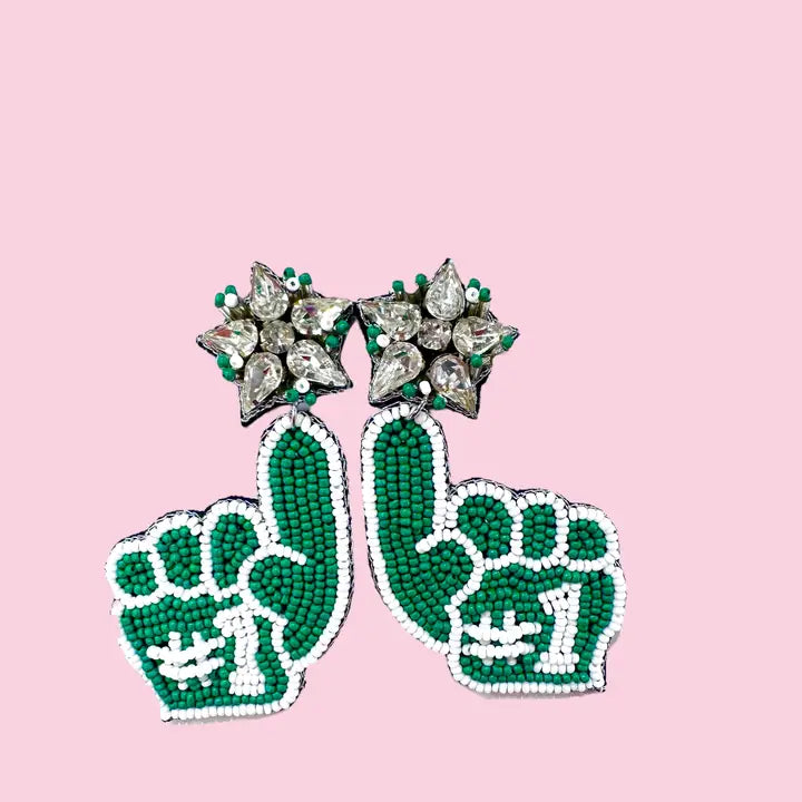 SPARKLING AND BEADED GREEN SPIRIT EARRINGS- GAME DAY STATEMENT