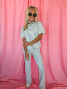 Things Between Light Blue & White Striped Tee and Flared Pant Set - Tops