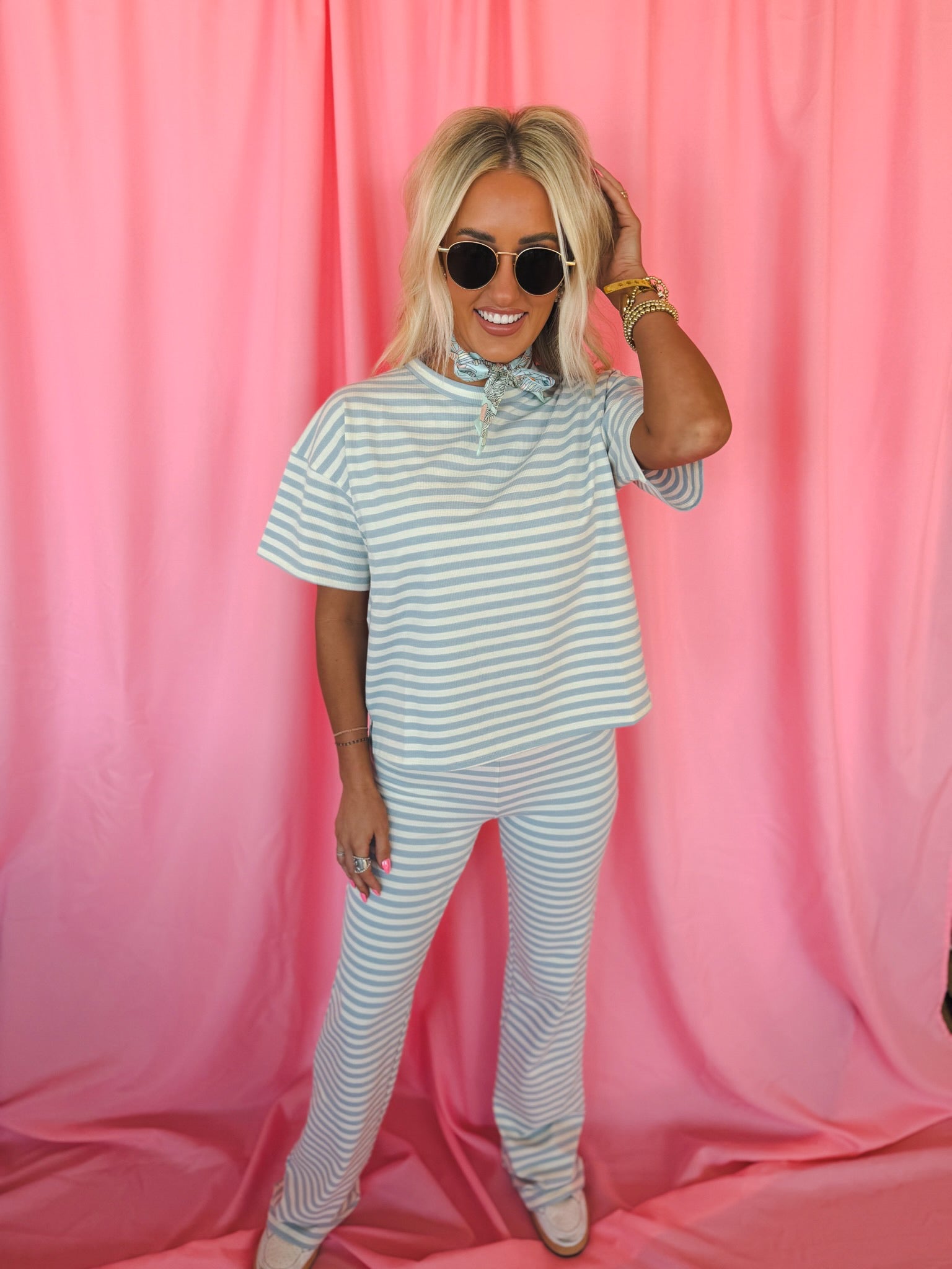Things Between Light Blue & White Striped Tee and Flared Pant Set - Tops