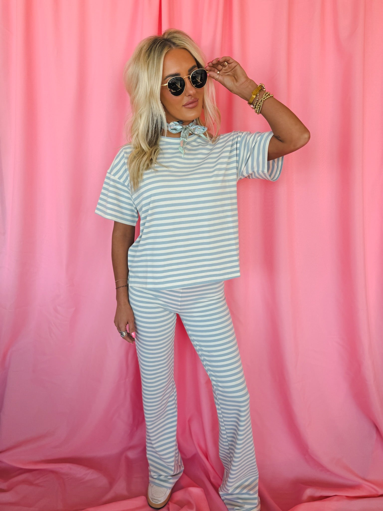 Things Between Light Blue & White Striped Tee and Flared Pant Set - Tops