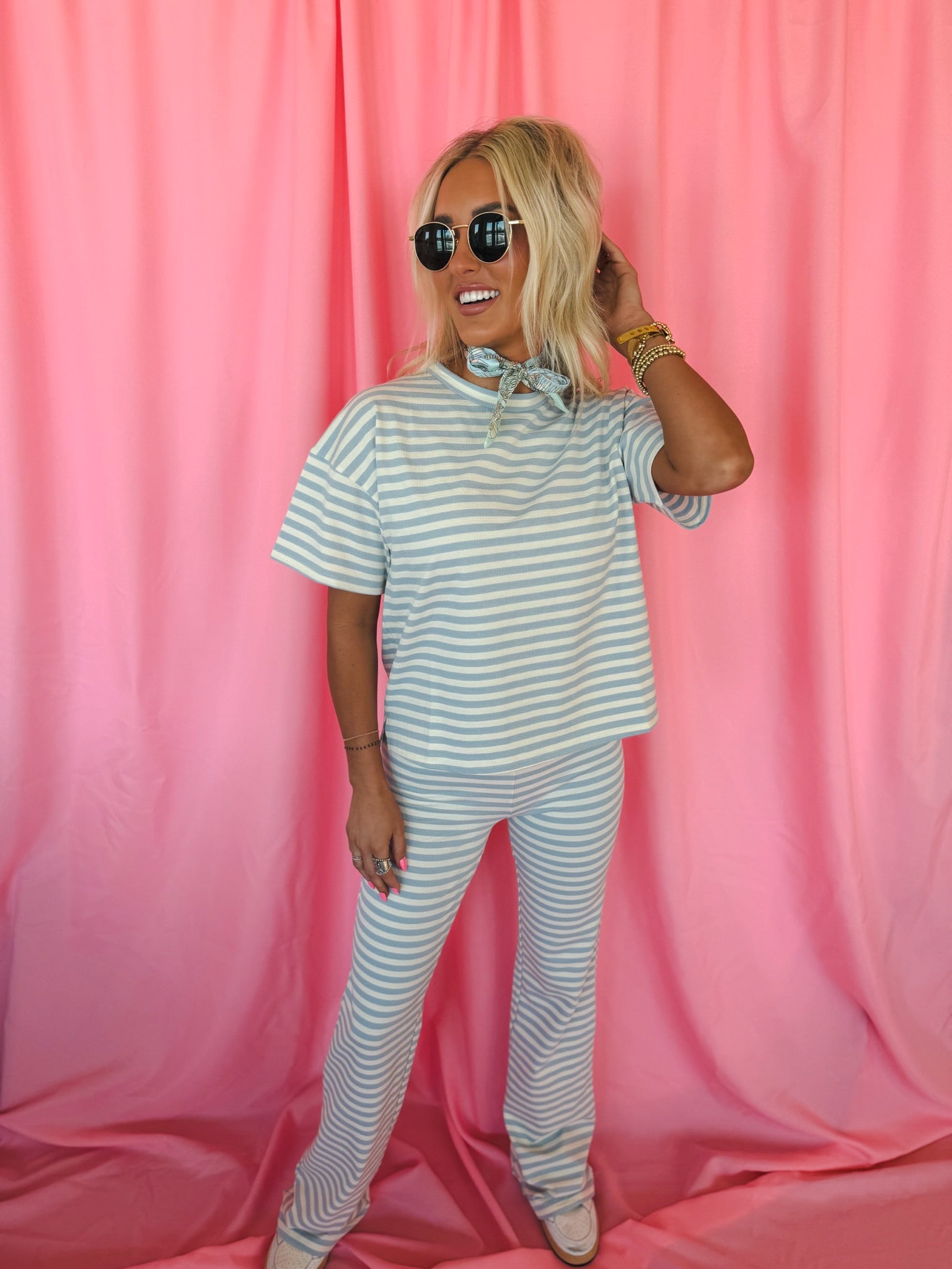 Things Between Light Blue & White Striped Tee and Flared Pant Set - Tops