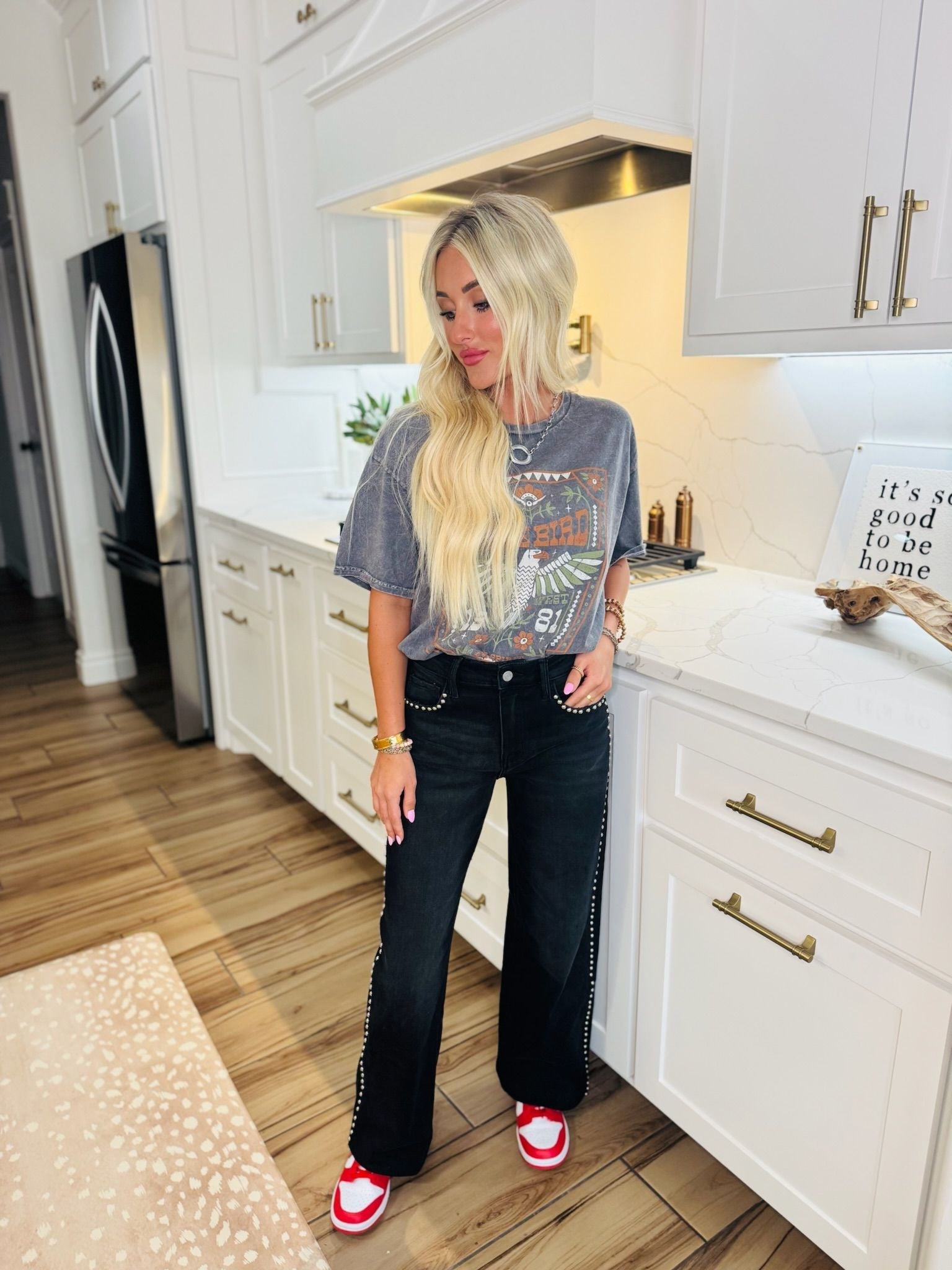 VERVET BLACK HIGH RISE SILVER DOME NAIL HEAD WIDE LEG JEANS - Bottoms