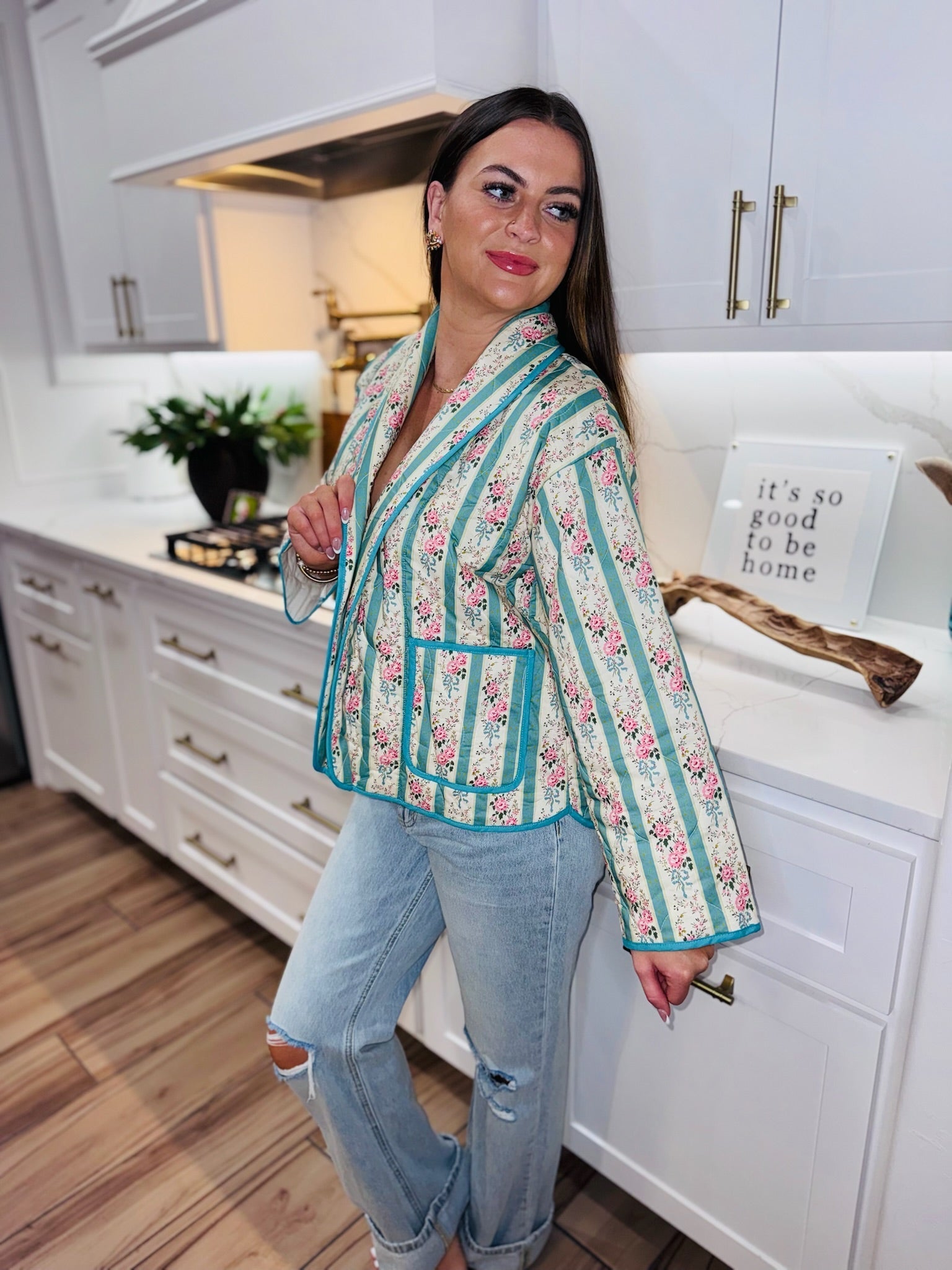 CREAM AND BLUE QUILTED FLORAL JACKET - BOUTIQUE FLORAL OUTERWEAR - Tops