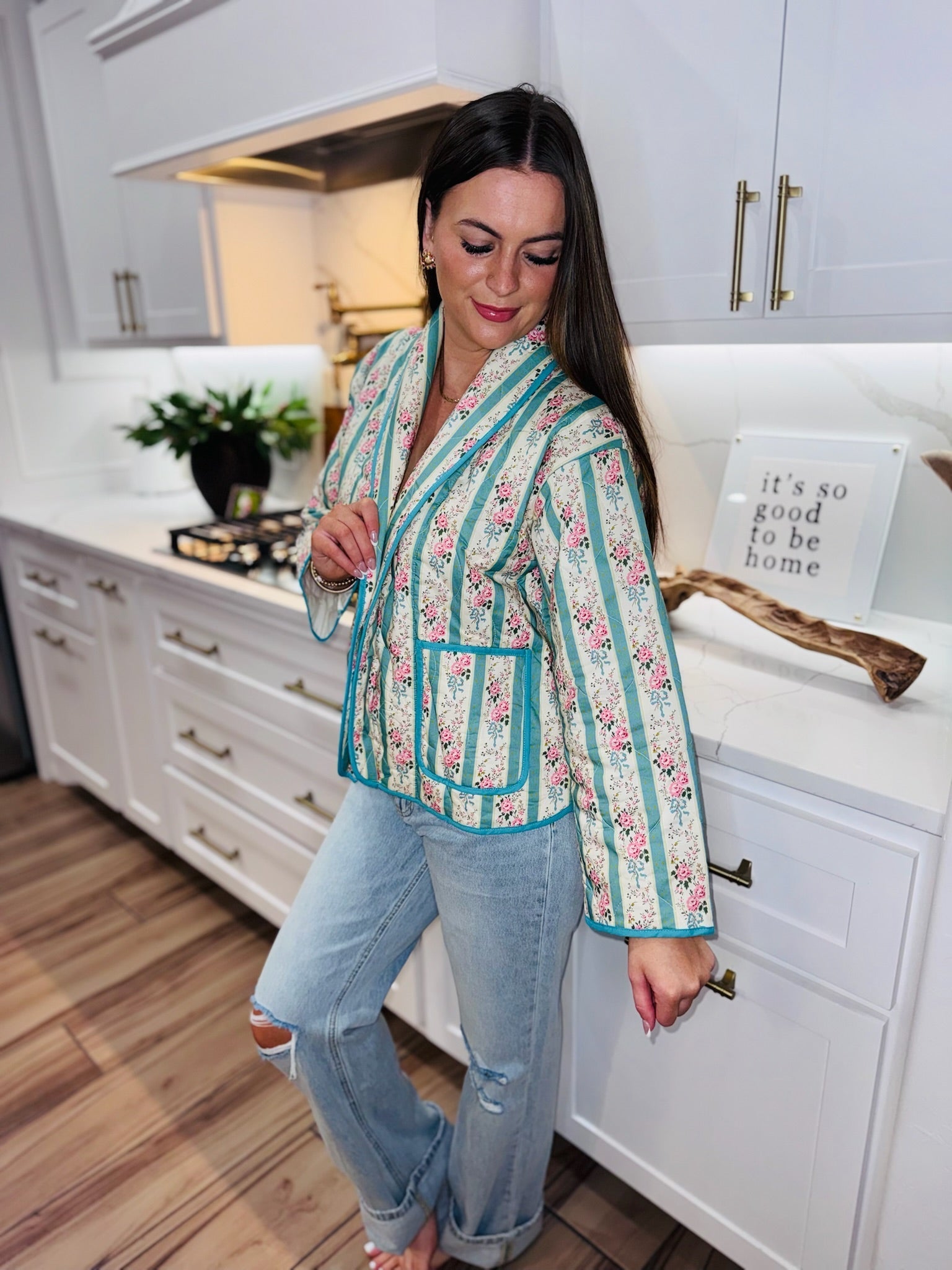 CREAM AND BLUE QUILTED FLORAL JACKET - BOUTIQUE FLORAL OUTERWEAR - Tops