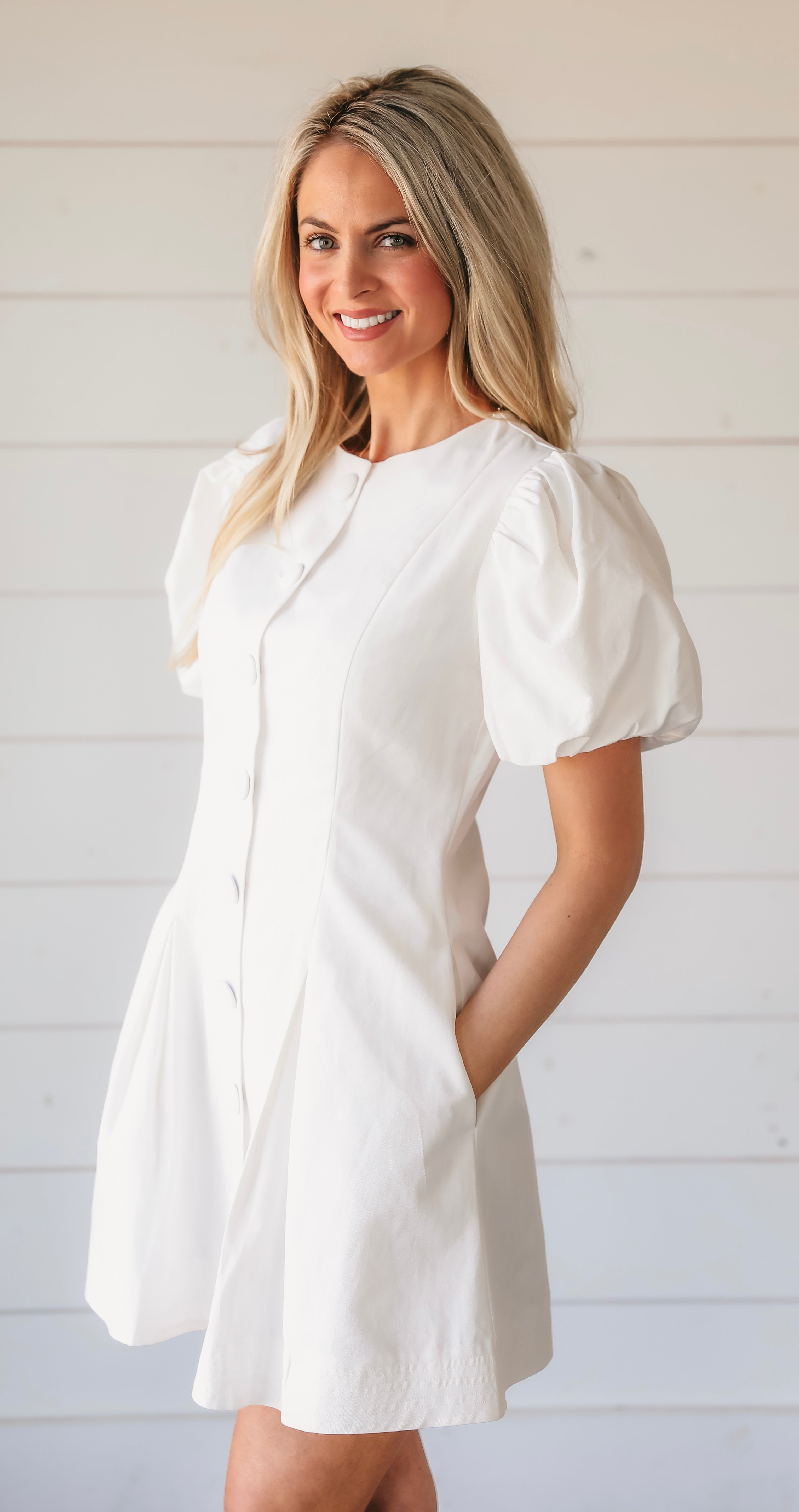 White Puff Sleeve Structured Mini Dress - Dress