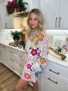 QUEEN OF SPARKLES RAINBOW PLAID MULTI FLOAT FLORAL ROMPER