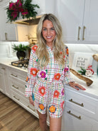 QUEEN OF SPARKLES RAINBOW PLAID MULTI FLOAT FLORAL ROMPER