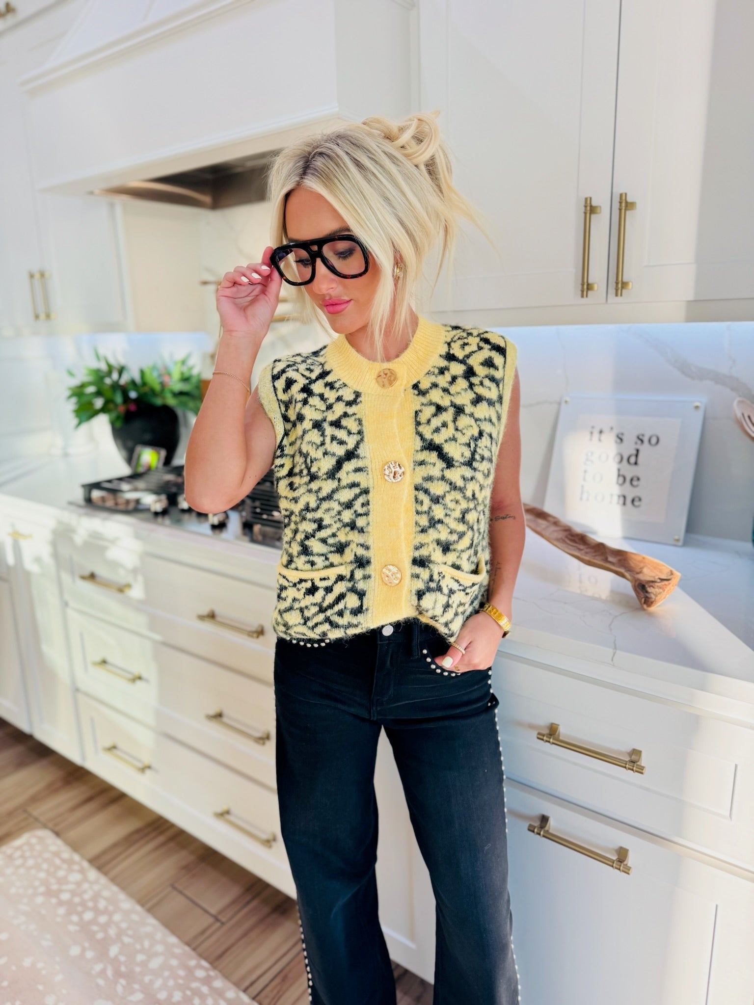 YELLOW & BLACK LEOPARD BUTTON DOWN SWEATER VEST - Tops