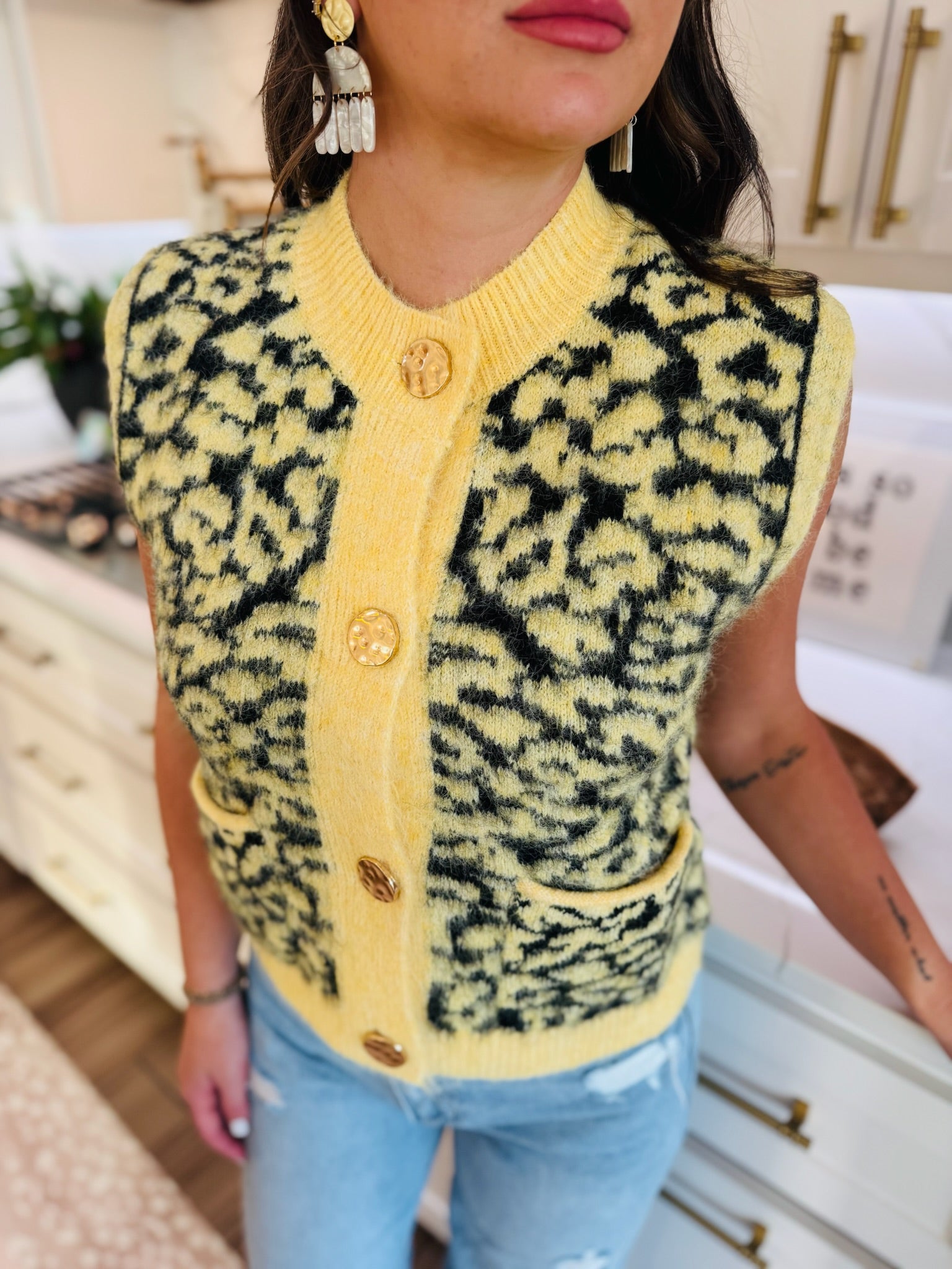 YELLOW & BLACK LEOPARD BUTTON DOWN SWEATER VEST - Tops