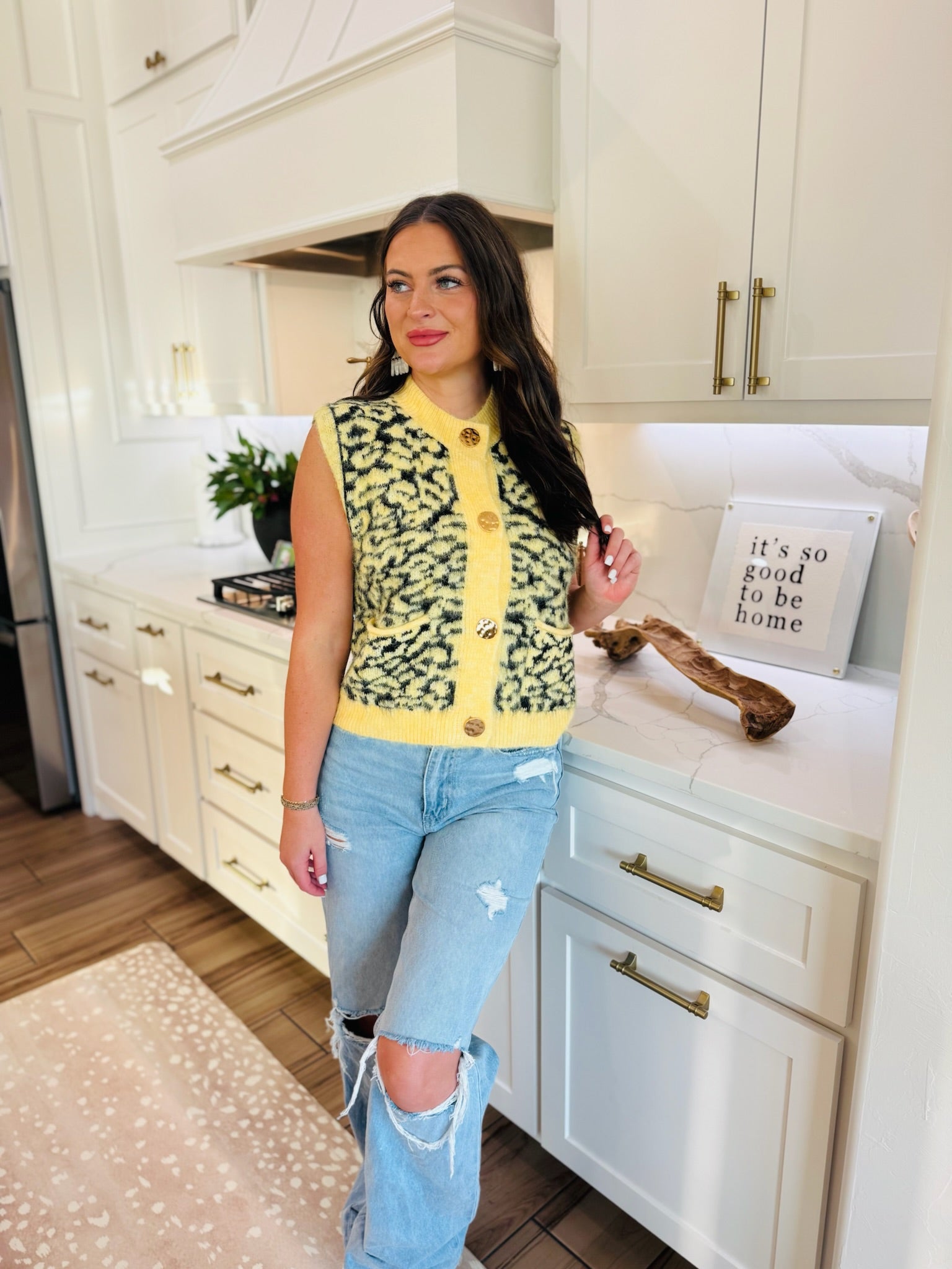 YELLOW & BLACK LEOPARD BUTTON DOWN SWEATER VEST - Tops